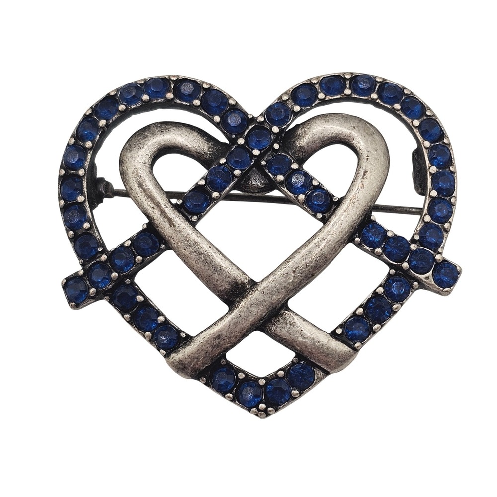 VTG Brooch Blue Rhinestone‎ Silver Tone Layered Heart Love Romantic Gift Mom Pin